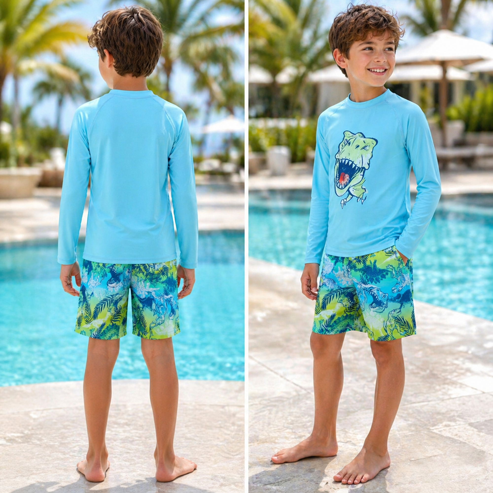 Big Chill Boys Swim Set - Boys Rash Guard Swim Set - UPF 50+ Rash Guard Long Sleeve Swim Shirt Board Short Swim Trunks (5-14)