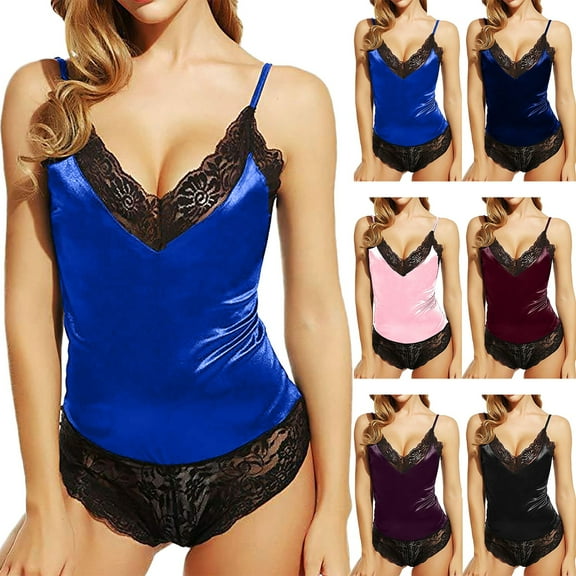 Ukumplol Womens Pajamas Sets Valentines Day Pajamas Women V Neck Nightwear Ice Silk Sleepwear Lace Chemise Womens Underwear Womens Pajama Sets Black L