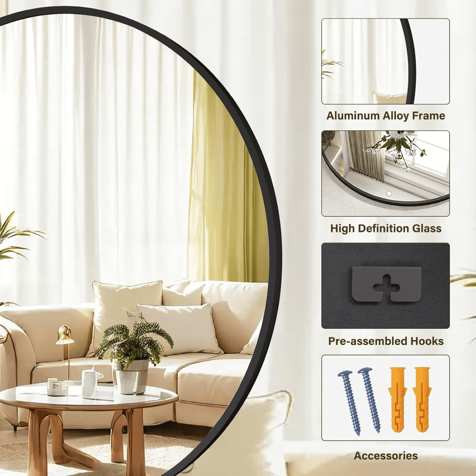 AUROMIR 30" Round Wall Mirror Bathroom Vanity Mirror Aluminum Alloy Frame,Black