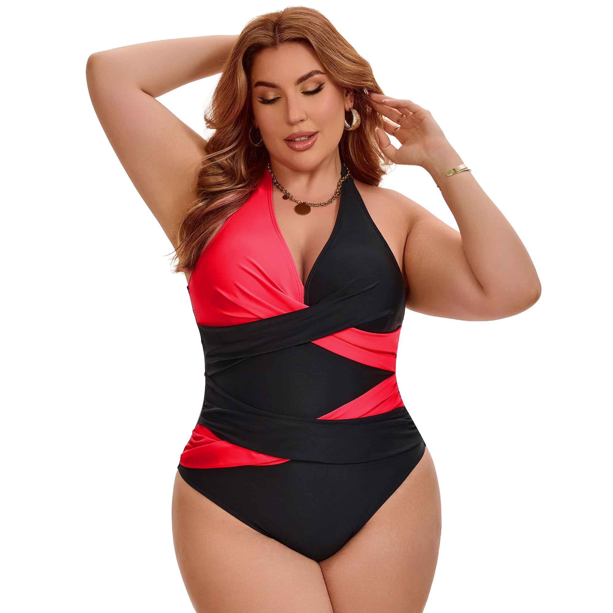 DARING DIVA Women's Plus Halter Criss Cross Backless 1 Piece Bathing Suit L Red