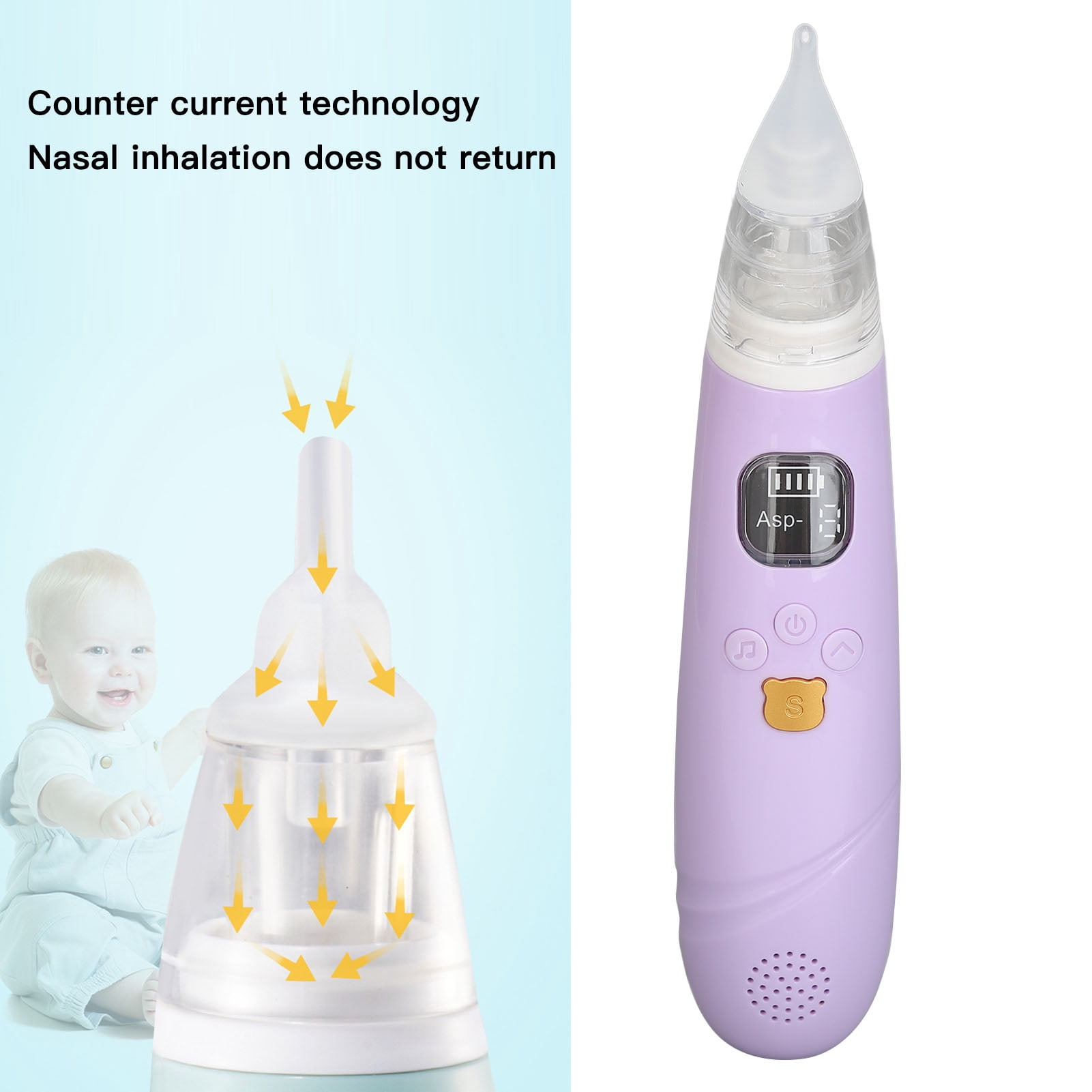 Yajisi Electronic Infant Nasal Aspirator, Rechargeable Automatic Baby Nose Sucker with 3 Silicone Tips, Music & Light Soother, Purple