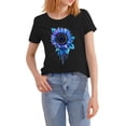 thumbnail image 5 of ZHISHIMINGJUN Plus Size Women's Top Oil Painting Style Brilliant Blue Sunflowers Ombre Round Neck Short Sleeve Cute Pattern Printed Black Soft Drape Tee, 5 of 6