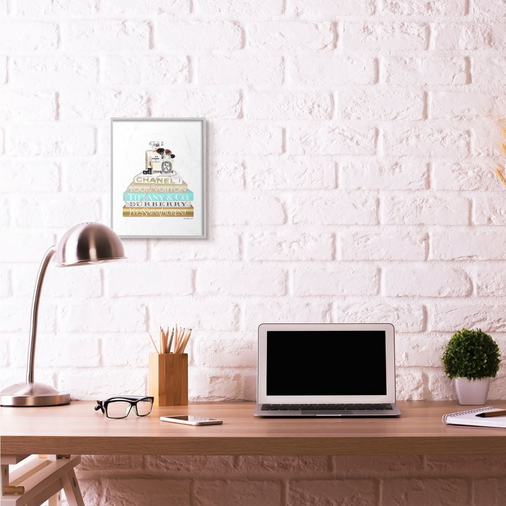 Stupell Industries Gold And Blue Perfume Bookstack Glam Fashion Design Framed Wall Art by Amanda Greenwood
