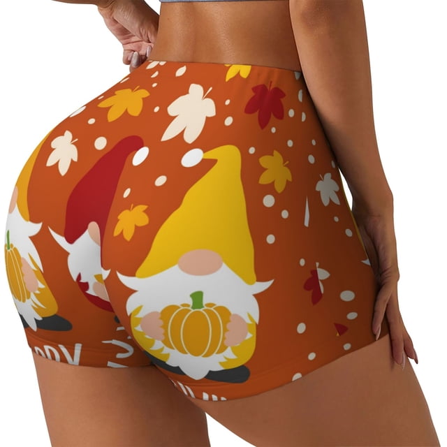Fotbe Happy Thanksgiving Three Gnomes Shorts Sin Costuras – Shorts Deportivos de Cintura Alta para Mujer, Elásticos para Gimnasio, Yoga, Running o Ciclismo-XX-Large