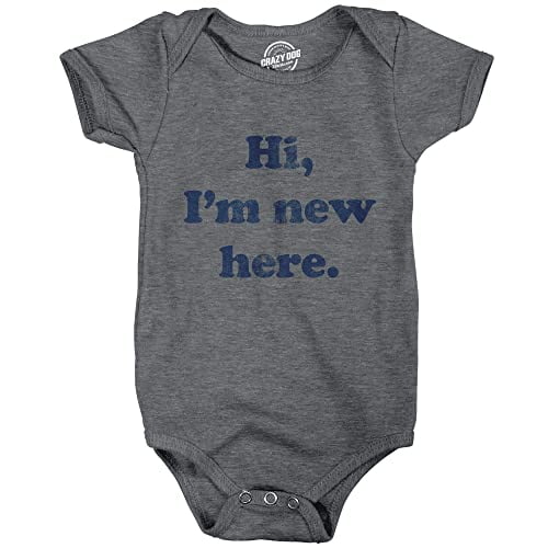 Baby Bodysuit Hi, I m New Here Funny Cute Novelty Graphic Jumper for Infants Dark Heather Grey