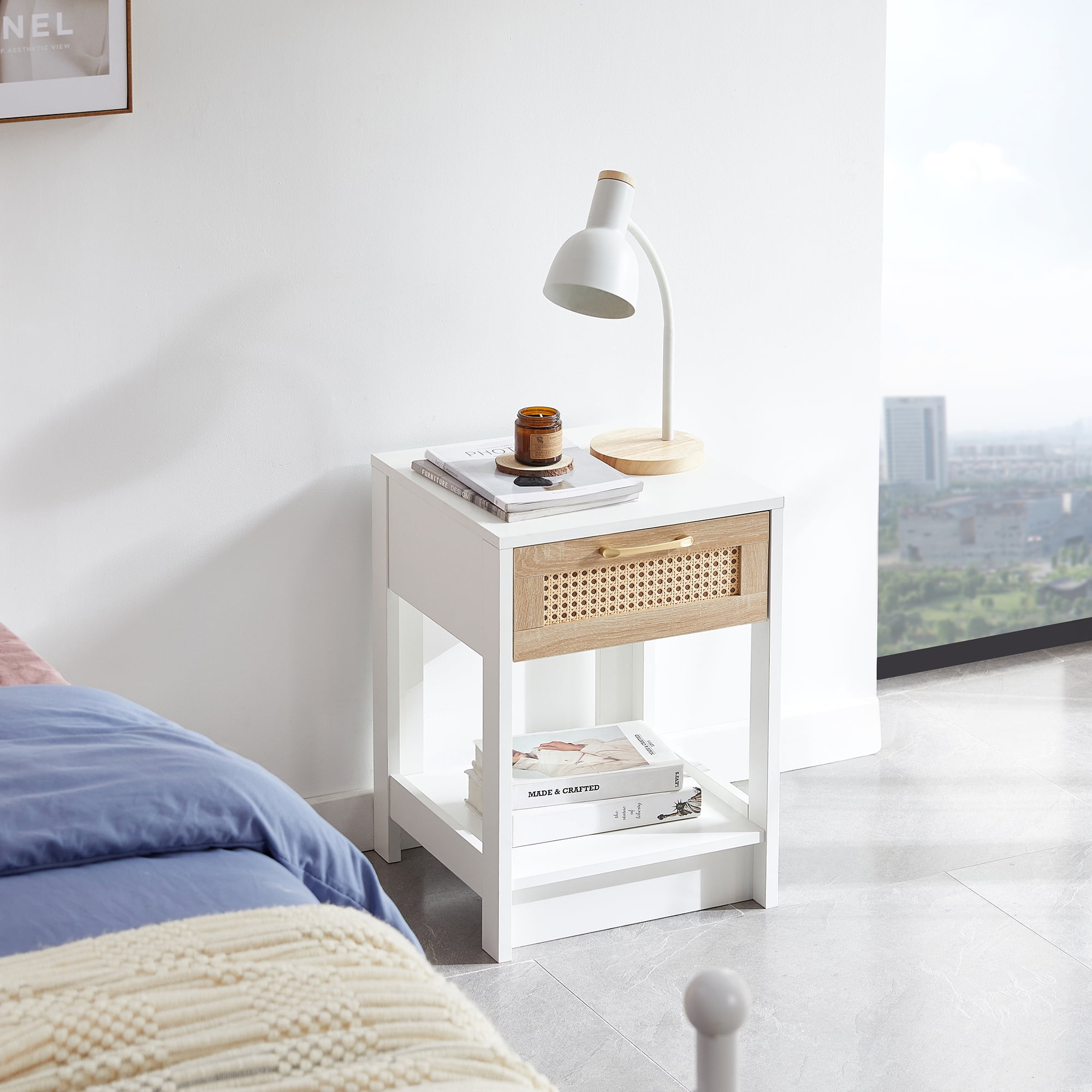 Kepooman 15.75" Rattan Night Table, Bedside Table with Drawer, Modern Farmhouse Nightstand for Living Roon, White