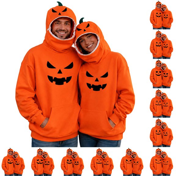 Arlun Halloween Matching Hoodies for Couples Funny Pumpkin Zip up Face Cover Oversized Hoodie with Pocket Cute Spooky Season Print Long Sleeve Hooded Pullover Sweatshirts 2026 L-Orange XL