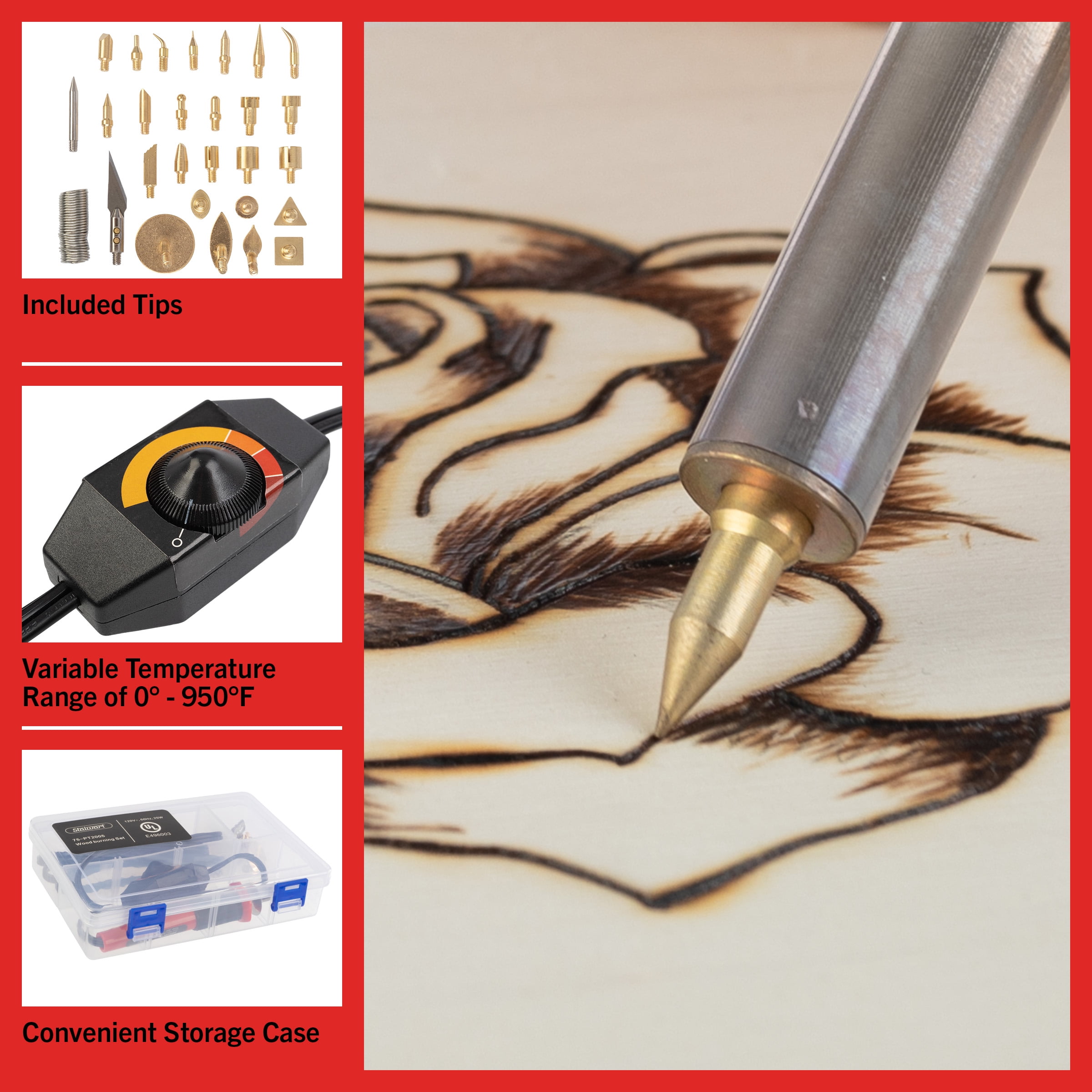 Stalwart 29-Piece Wood Burning Kit with Tips, Stamps, and 25W Wood
