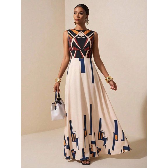 Apricot Geometric Print Sleeveless Maxi Dress For Summer Festival, Vacation, Beach, Street Style