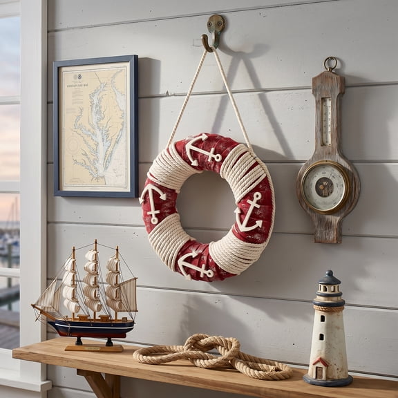 Northlight Faux Life Preserver with Rope Hanging Wall Decoration - 21.5" x 13 - Red and White