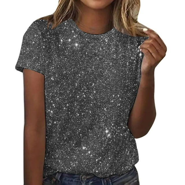 Timegard Hauts à Sequins pour Femmes Manches Courtes Col Rond T-Shirts Mode Décontractée Blouses Couleur Unie