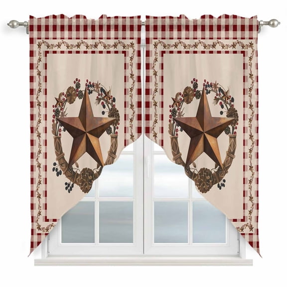 American Country Swag Valances for Windows 2 Pack Rusty Star Berries Vine Wreath Red Beige Plaid Swag Kitchen Curtains 63 Inches Long Rod Pocket Short Window Treatment for Kitchen Bathroom 36"x63"