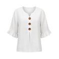 thumbnail image 5 of Women Casual Cotton Linen V Neck 3/4 Sleeve Button Decor Loose Fit Summer Blouse Top, 5 of 9