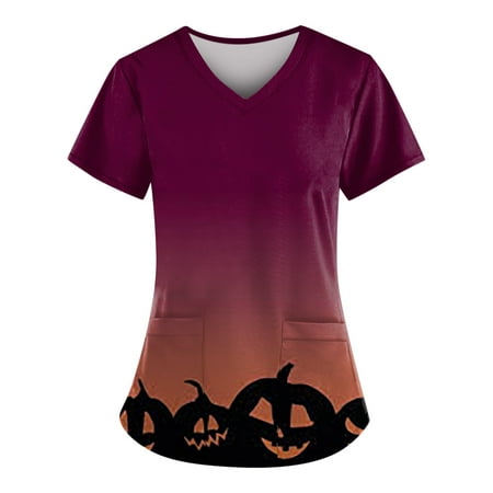 

Sksloeg Sksloeg Scrubs Tops Women Stretchy Pumpkin Cat Bat Print Blouse Short Sleeve Nurse Working Uniform V Neck Graphic Scrub Shirts Wine 5XL