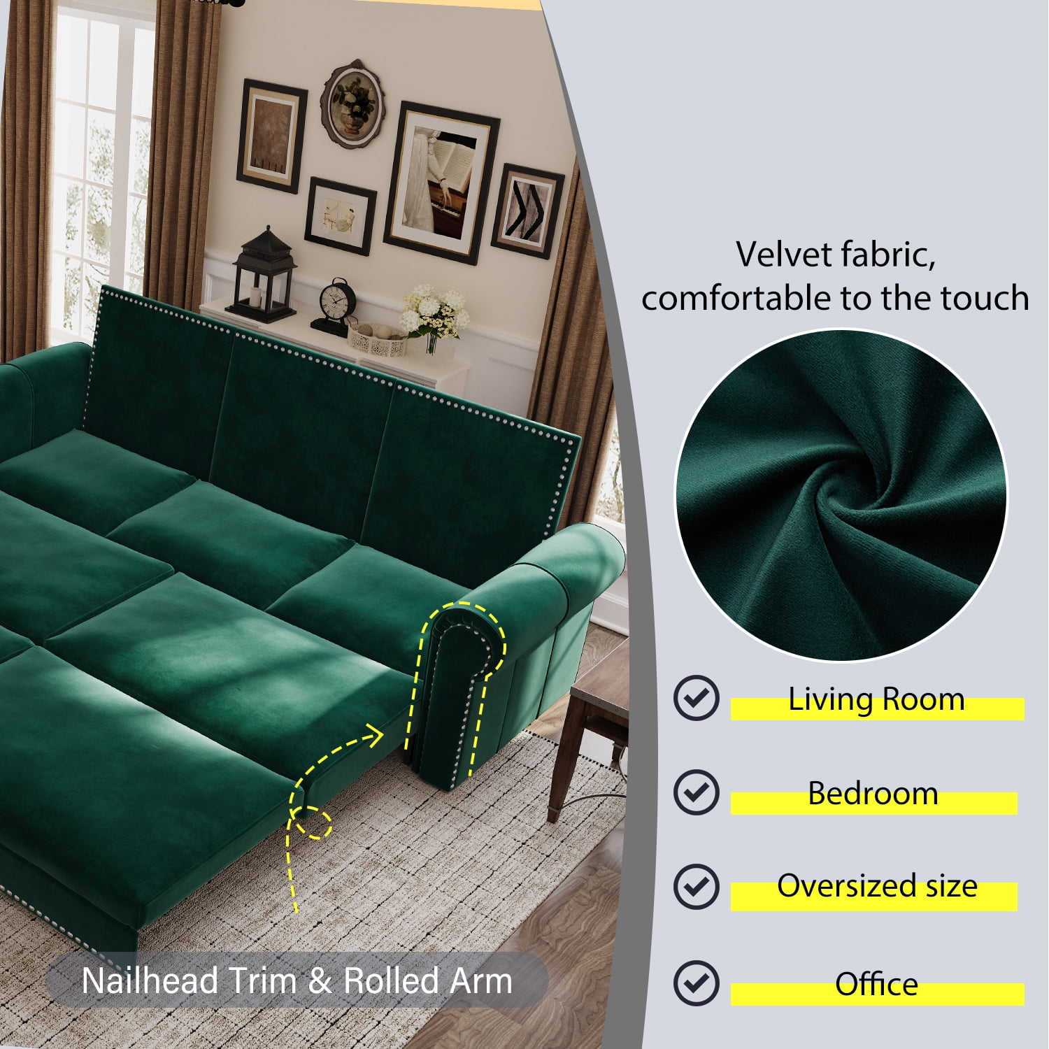 3-in-1 Convertible Velvet Sofa Bed, King Size Pull Out Sleeper Couch, Green