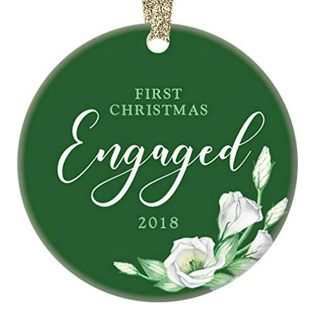 - 1st Christmas Engaged Couple 2018 Ornament First Engagement Ceramic Collectible Present for Future Mr & Mrs Wedding Pretty Green & White Roses 3