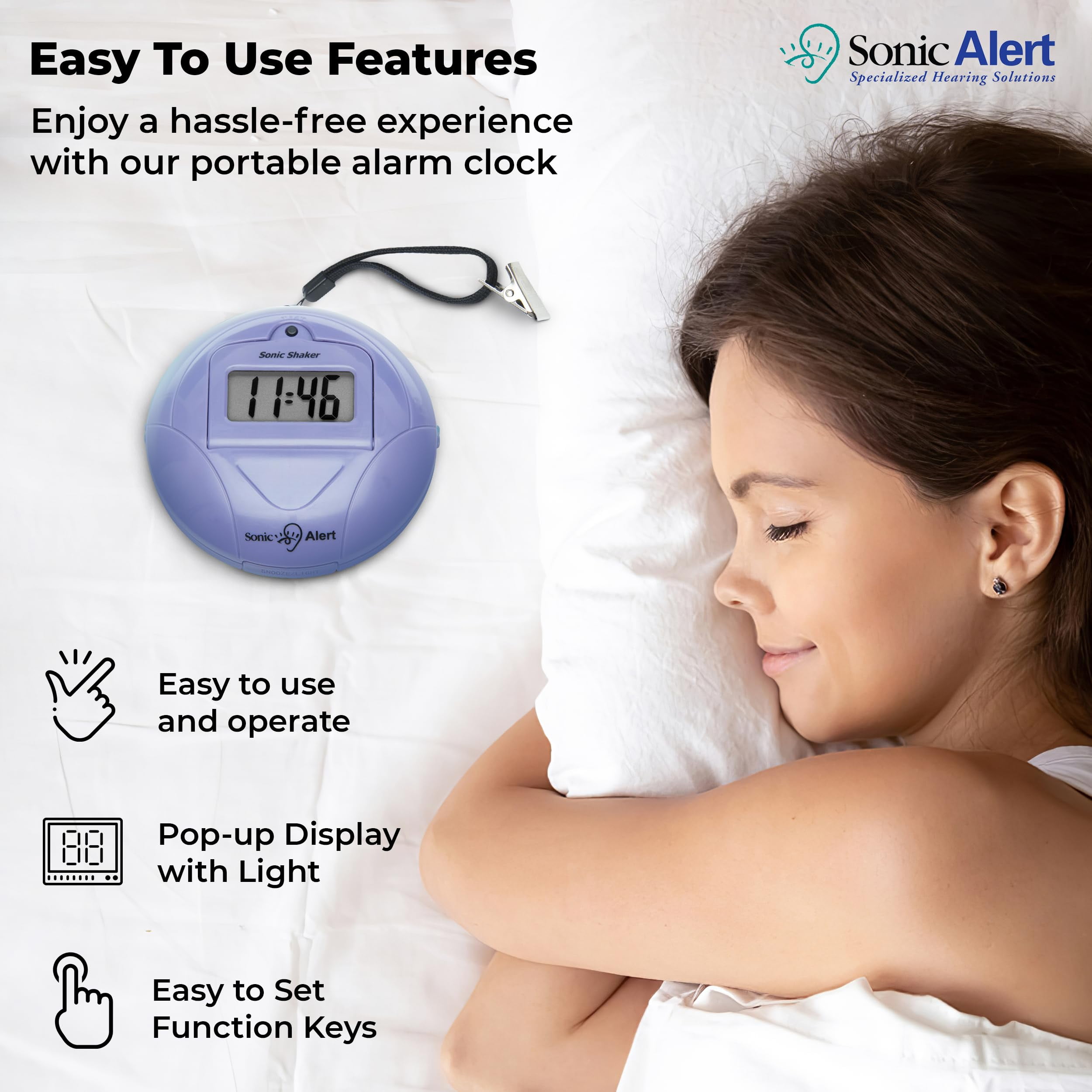 Sonic Alert - Sonic Shaker Super Loud Digital Alarm Clock for Heavy Sleepers, Portable Compact Design, Purple