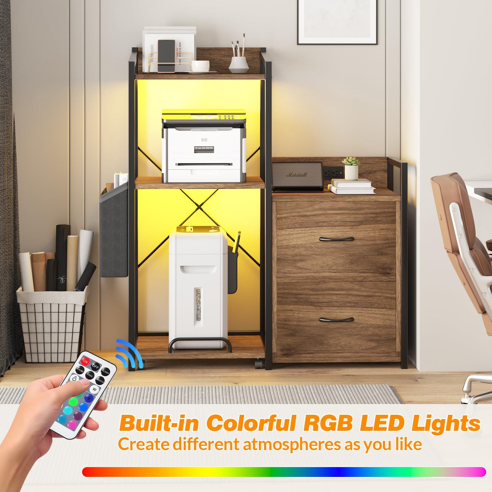 Smart Wooden Printer Stand with Built-in Power Strip and LED Lights, Featuring a 2-Drawer File Cabinet and Open Shelf for A4/Letter Size Home Office Organization，Brown