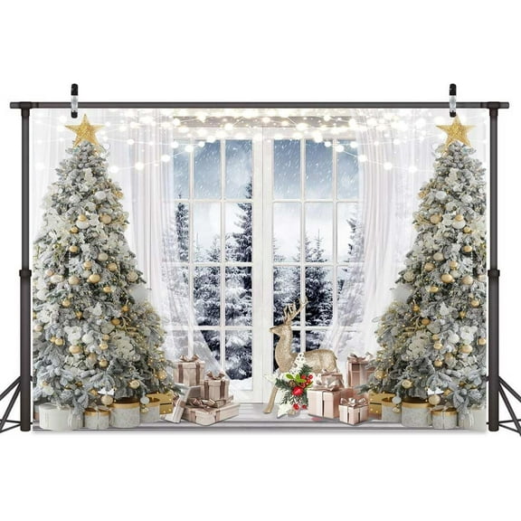 5 x 3 ftChristmas Window Photography Backdrop Winter Snow Scene Xmas Tree Gifts Elk Wonderland Background Snowy Forest Merry Christmas Happy New Year Family Holiday Background