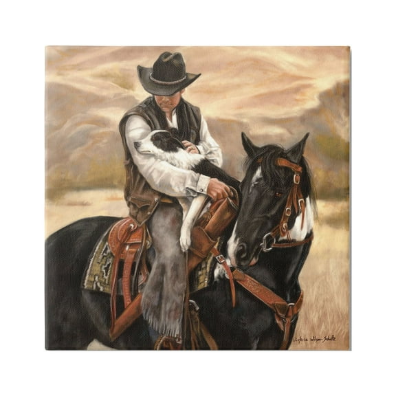 Stupell Industries Cowboy with Dog Landscape Animals & Insects Painting Gallery Wrapped Canvas Art Print Wall Art, 17 x 17