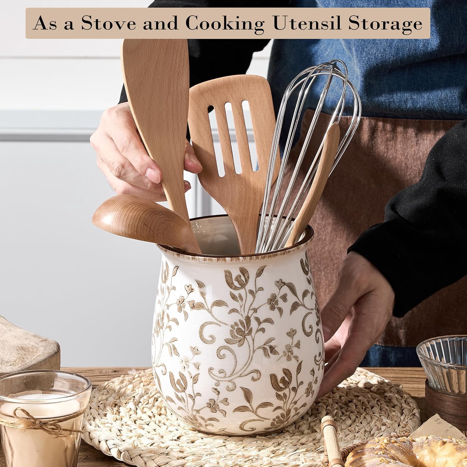 Ceramic Utensil Holder with Floral Pattern