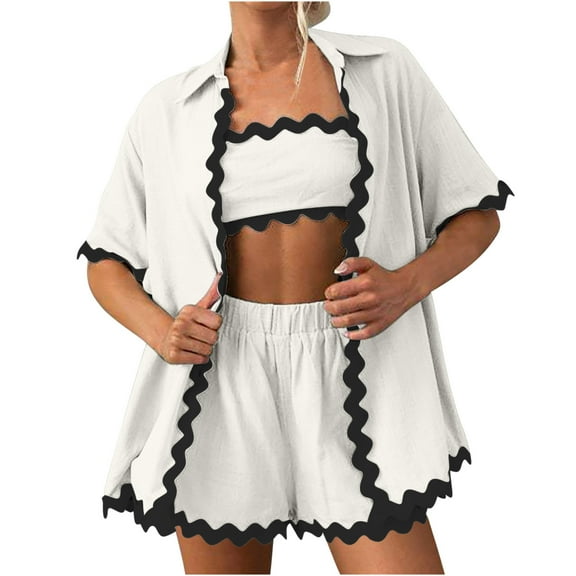 BLVB Women's Pajama Sets 2 Piece Outfits Short Sleeve Button down Lapel Shirts with Wide Leg Shorts Lounge Sets Sleepwear