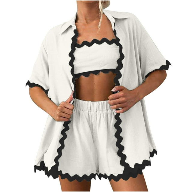 FAIWAD Pyjama pour Femmes Ensemble Court Chemise à Manches Courtes Boutonnée à Col à Revers et Short Pantalon Ensemble de Nuit Doux