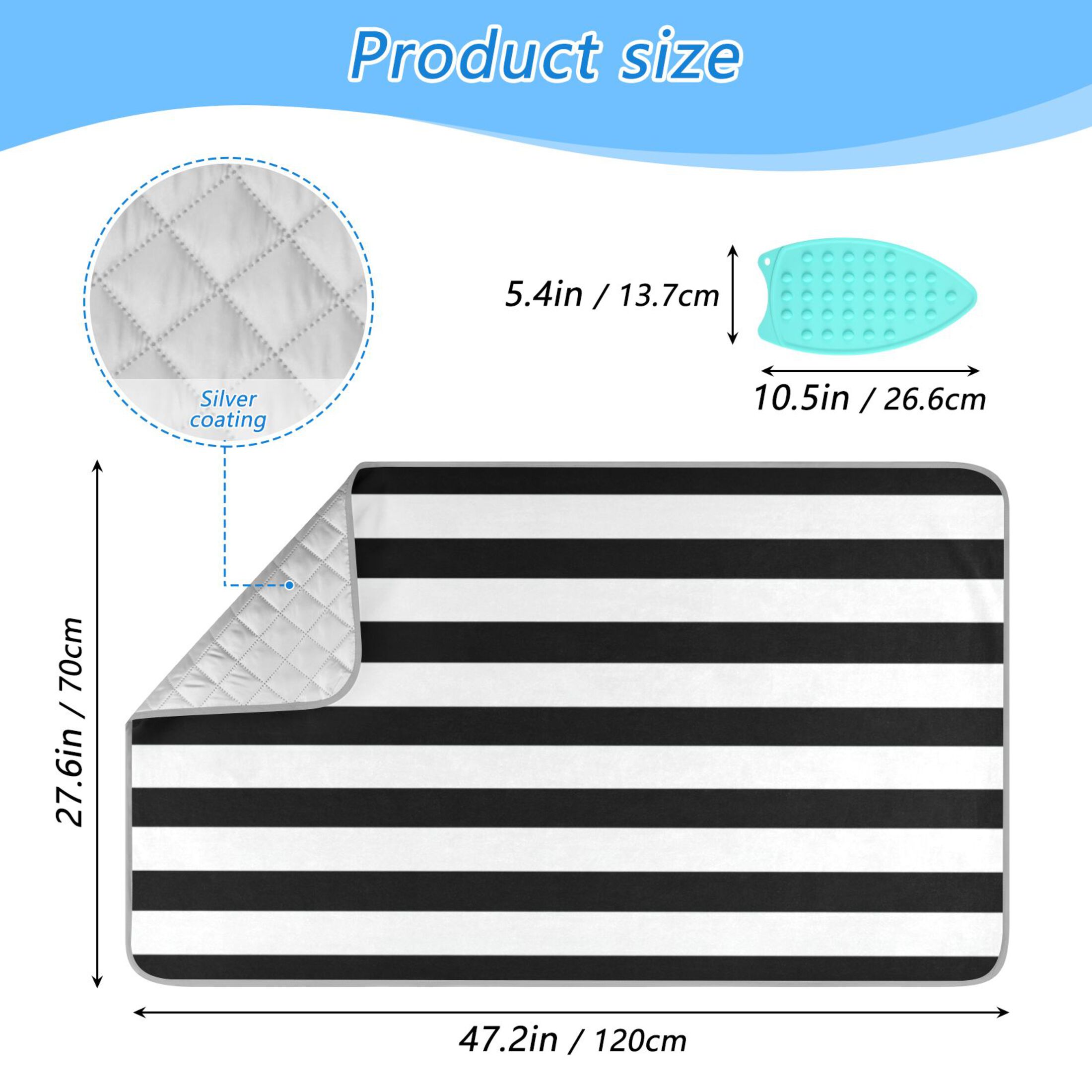 Black White Horizontal Narrow Stripes Ironing Mat Blanket Portable Travel Ironing Pad Heat Resistant Pad 47.2" x 27.6”