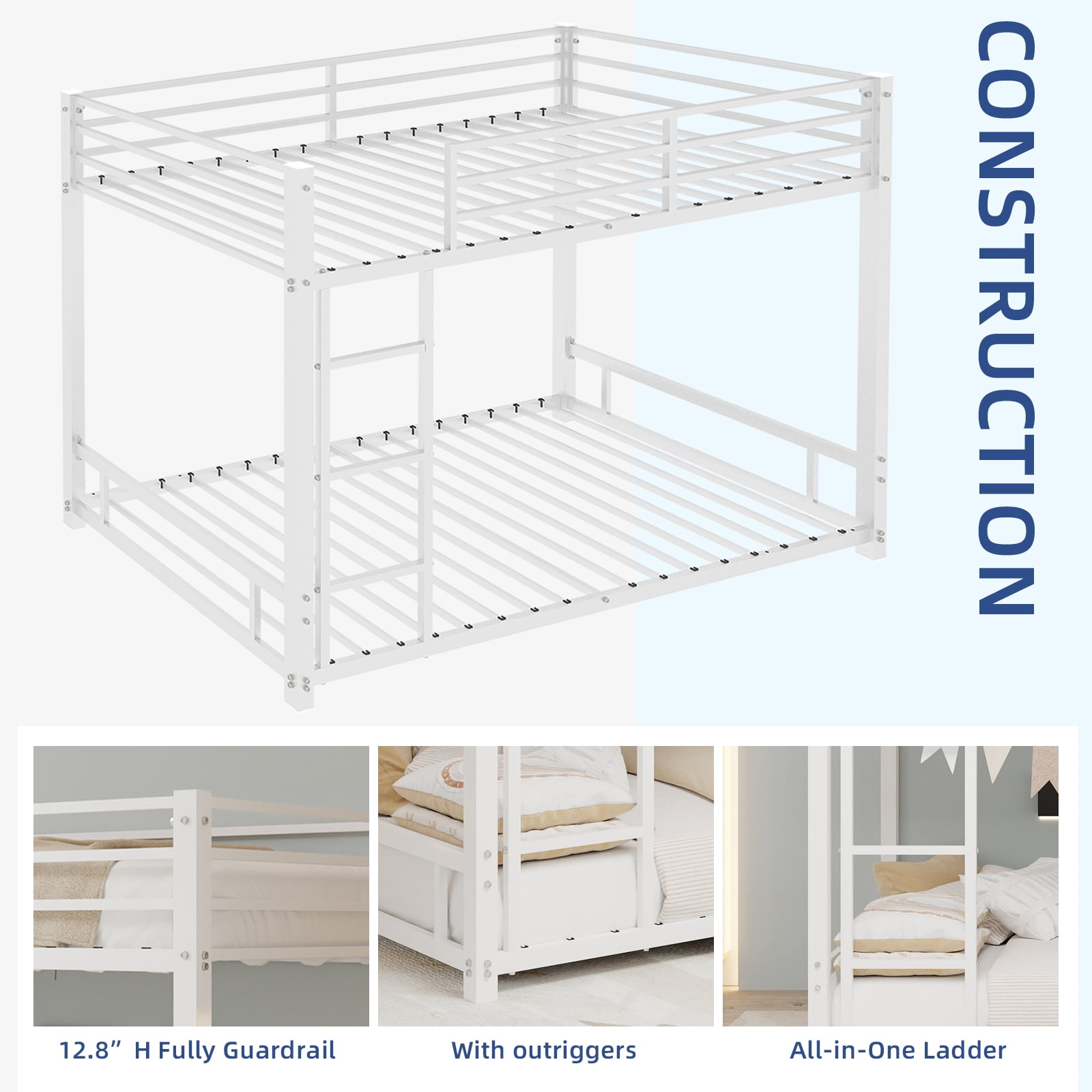 Metal Twin over Twin Bunk Bed/ Heavy-duty Sturdy Metal/ Noise Reduced/ Safety Guardrail,White