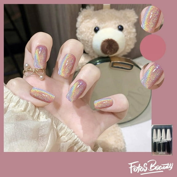 Fofosbeauty 24pcs Press on False Nail Tips Long Square Full Cover Fake Nails, Cateye with Rainbow