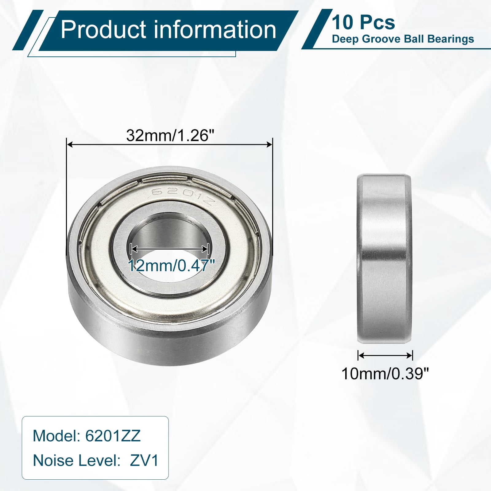 Uxcell 10 Pack 6201ZZ Deep Groove Ball Bearings, 12 x 32 x 10mm Silent Chrome Steel Double Shield Bearing for Electric Motor, Home Appliances, Industrial Machinery