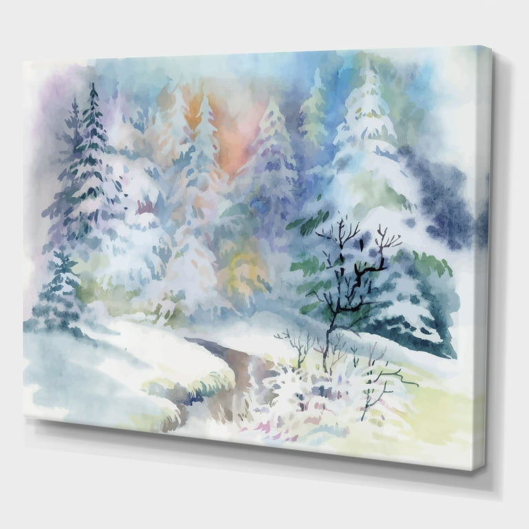 絵画 Winter Mountains Watercolor Illustration. Winter Mountains Landscape, Trees