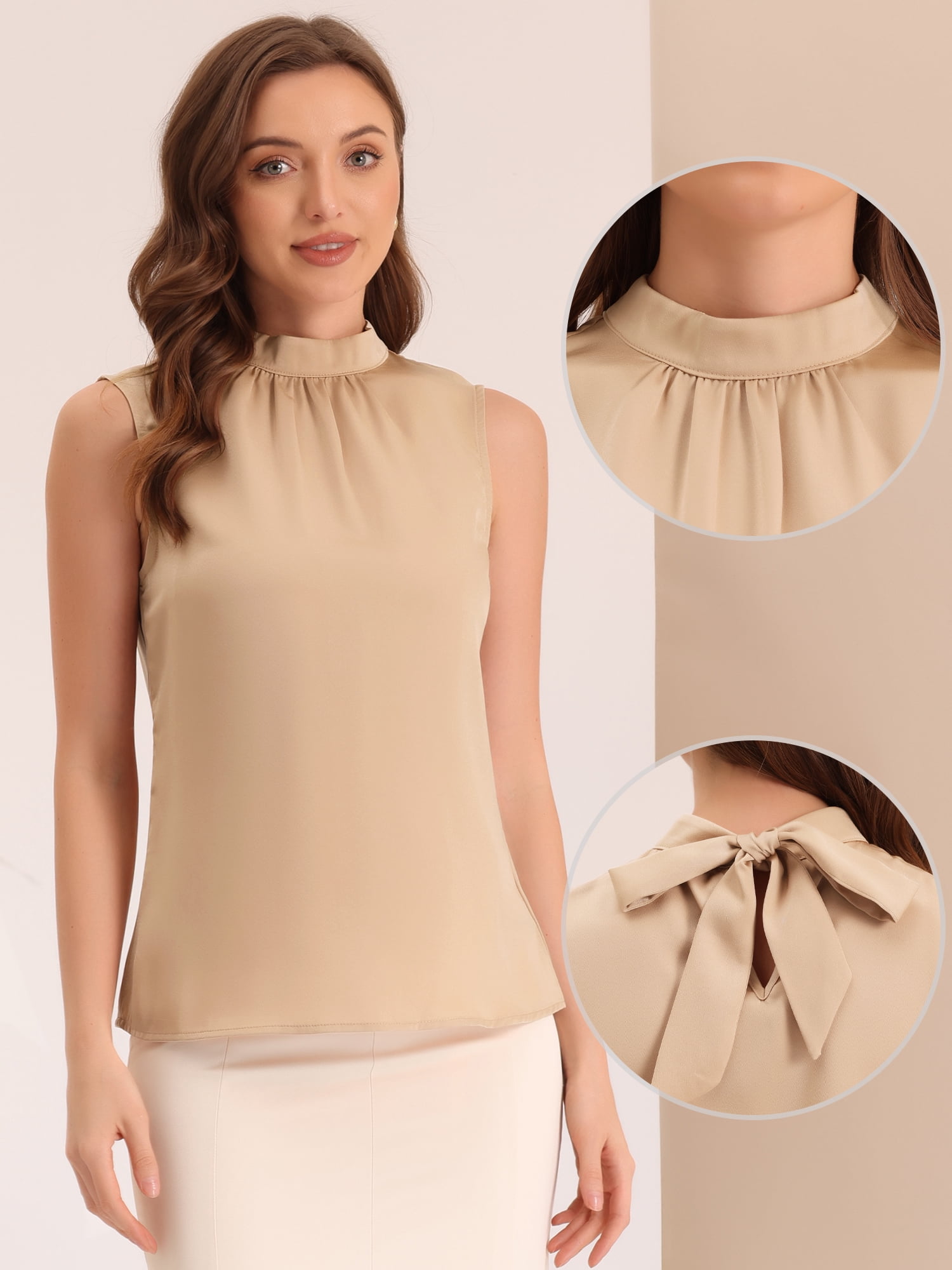 DARING DIVA Women's Mock Neck Sleeveless Satin Elegant Blouse XS Brown