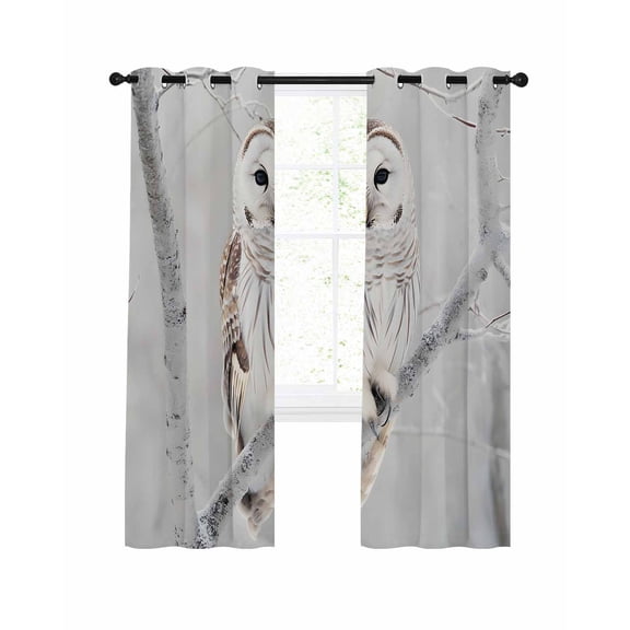 Owl On Branch Blackout Curtains, Light Blocking Print Window Curtains, Framhouse Winter Landscape Tree Birds Thermal Insulated Window Drapes for Living Room Kitchen Cafe 2 Panels, 104"W x 84"L