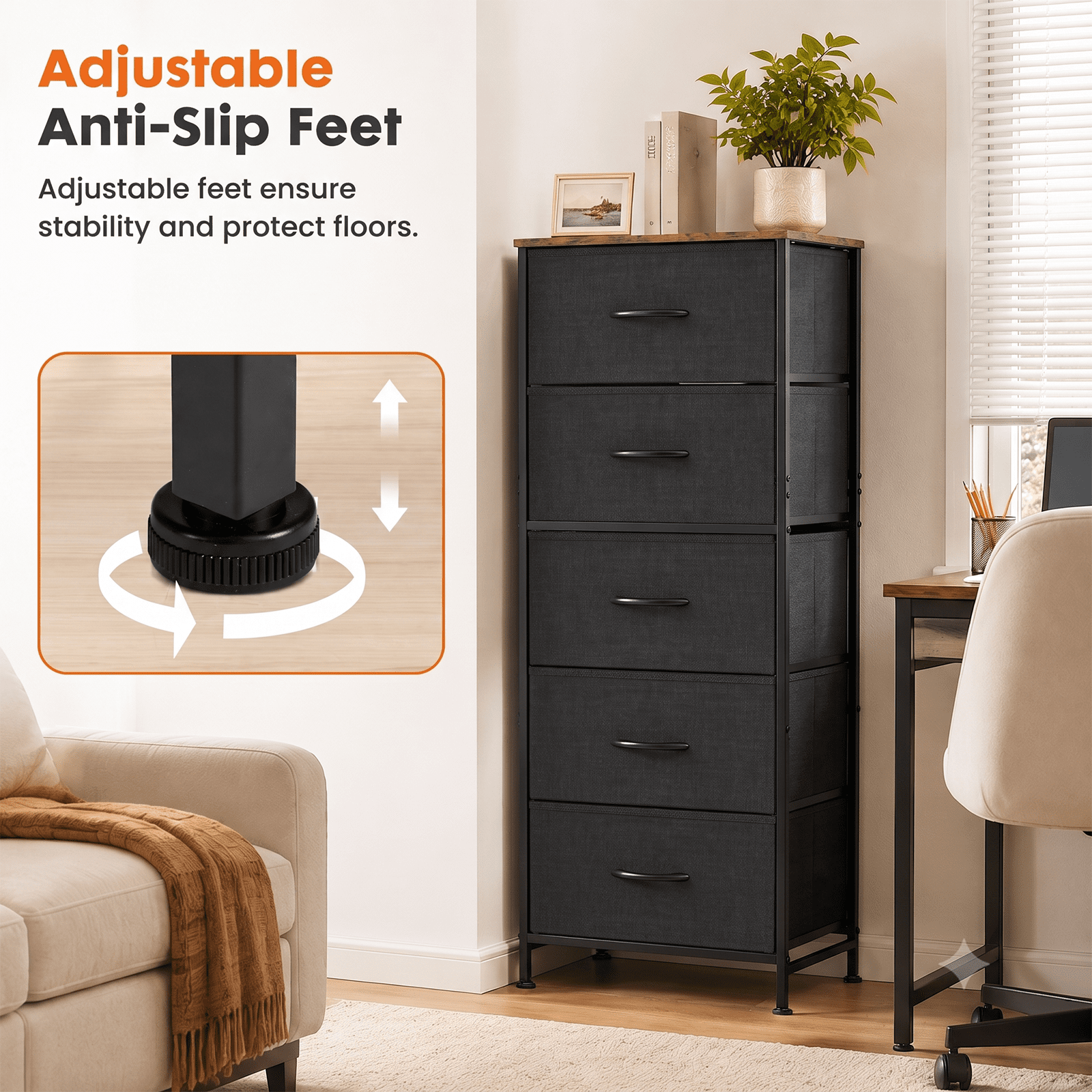Alvantor Tall Dresser for Bedroom with 5 Drawers, Vertical End Table and Nightstand for Bedroom, Storage Organizer Chest of Drawers with Removable Fabric Bins