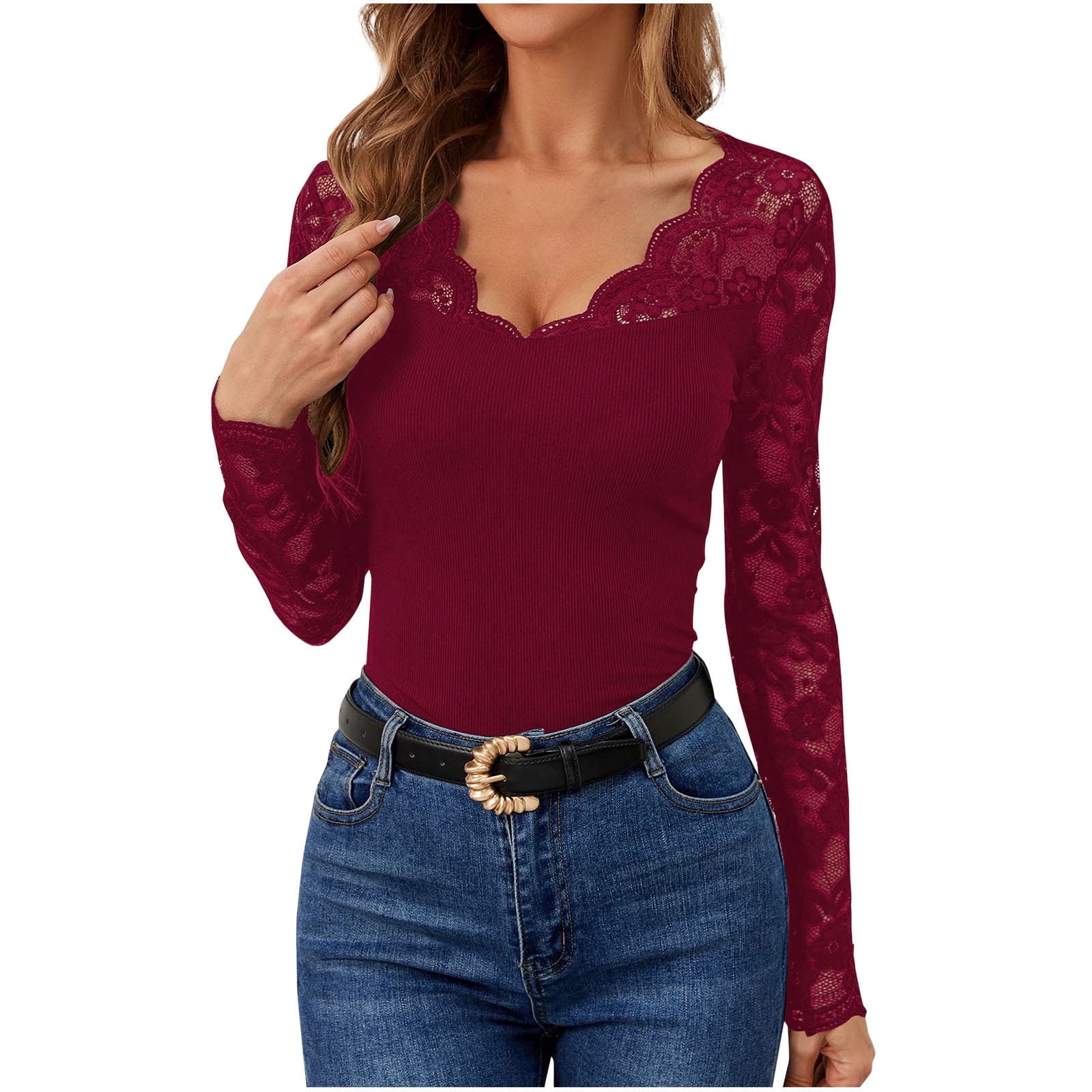 yillto Women's Lace Shirts V Neck Lace Long Sleeve Tops Slim