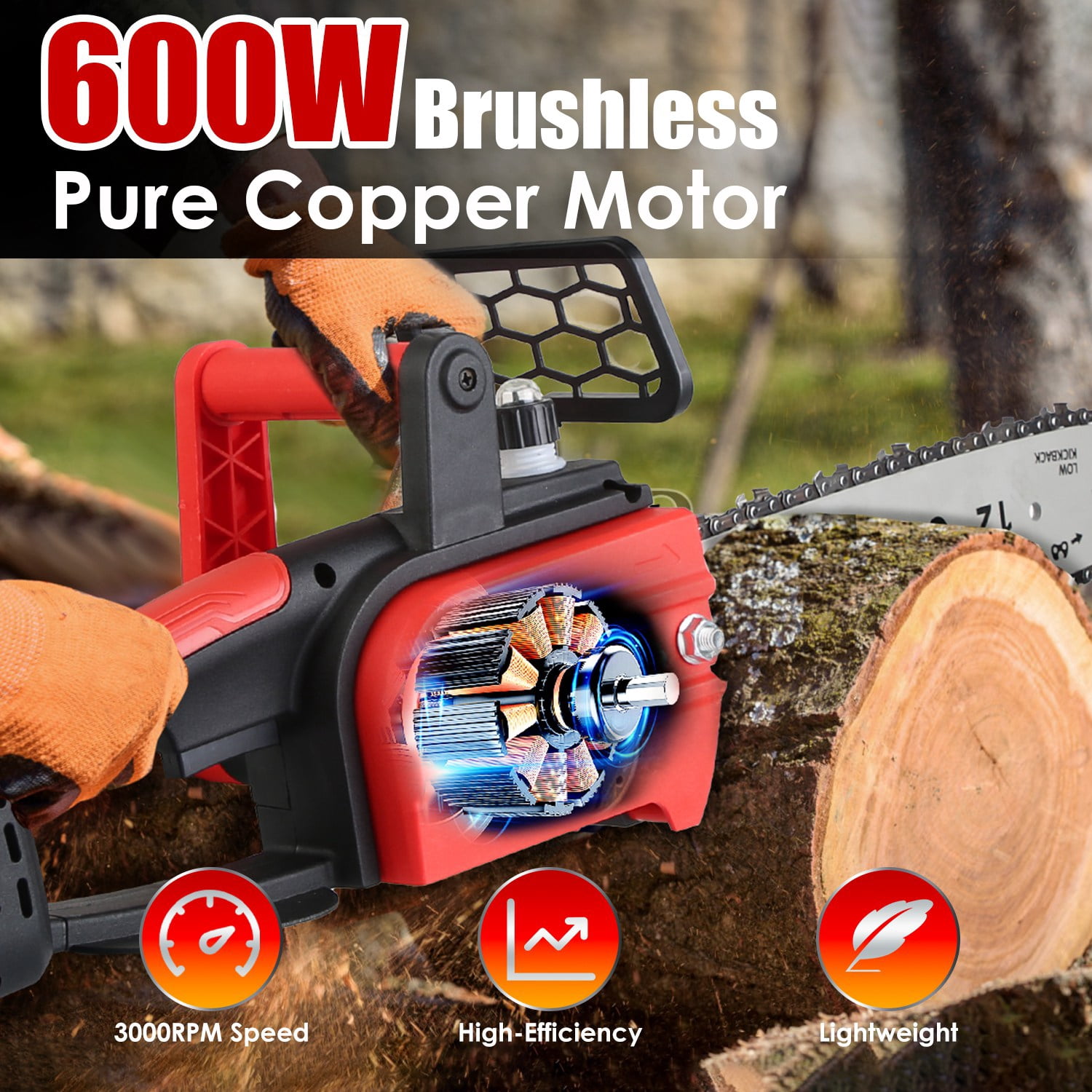 Moclever Cordless Electric Chainsaw, 12 Inch Brushless Handheld Chainsaw with 2Pcs 21V 3.0Ah Battery and Charger, Auto-Oiler, Safety Switch for Tree Trimming Wood Cutting