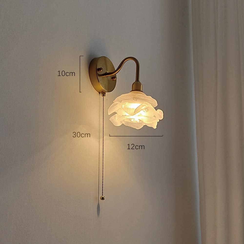 Elegant Copper Wall Sconce Modern Wall Light with Pull Chain Switch, Glass Wall Lamp Shade in Flower Shape, Nordic Wall Mount Lighting Fixtures for Living Room Bedroom