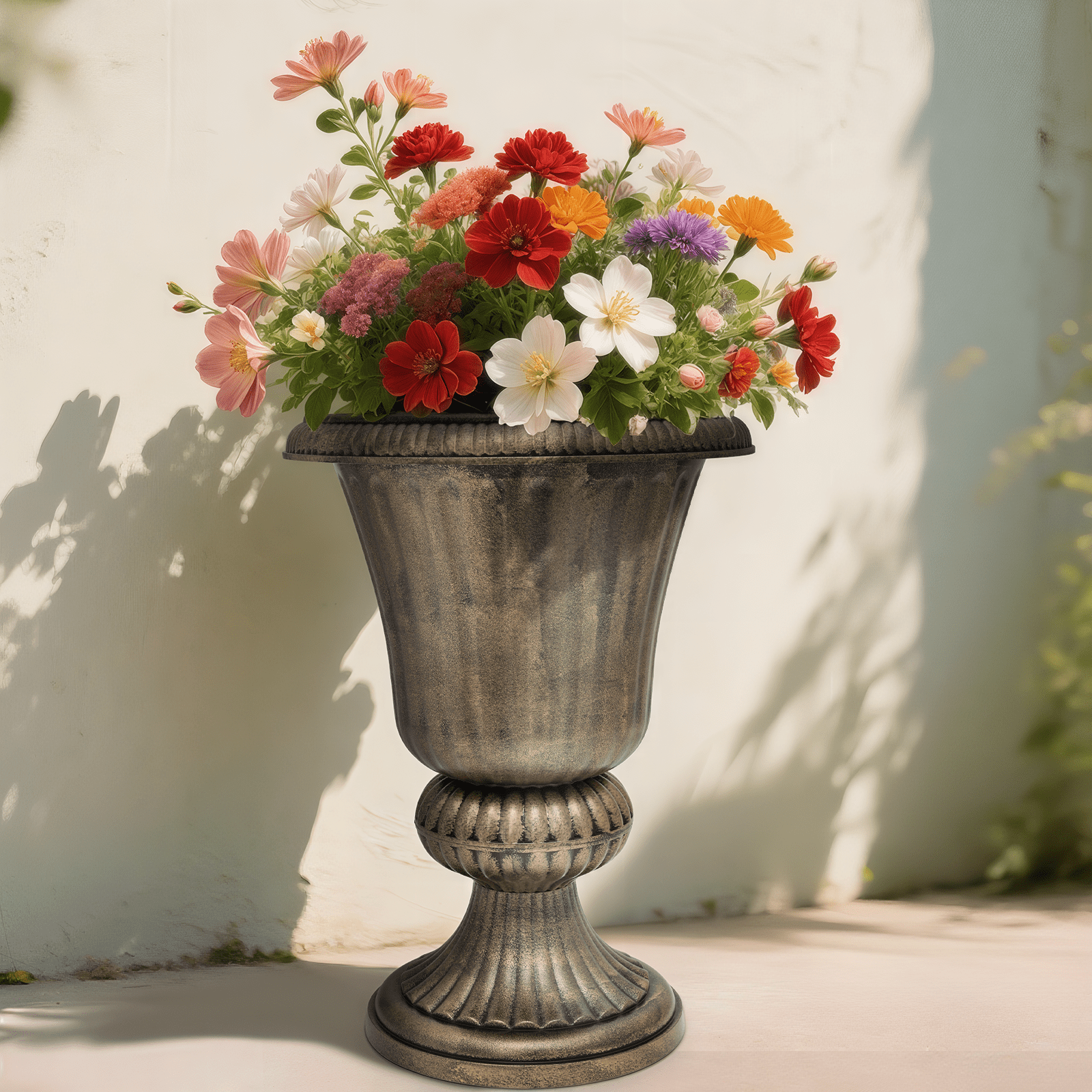 MoNiBloom 20" Plastic Urn Planter Vase for Outdoor Indoor Plants Garden Patio Vintage Decorative Pedestal Roman Flower Pot Decoration Retro Home Front Porch Door Decor (Antique Brass)