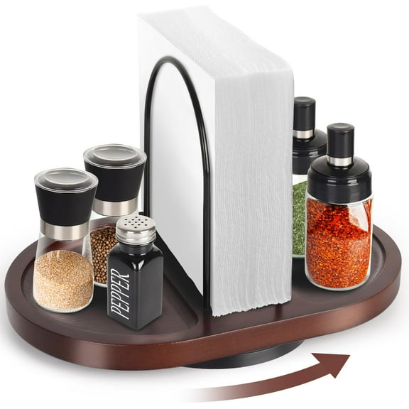 NP-1 Wooden Rotating Napkin Holder with Salt and Pepper Shakers, Rustic Metal Caddy Napkin Storage for Table, Kitchen Countertop, Dining Table Decor