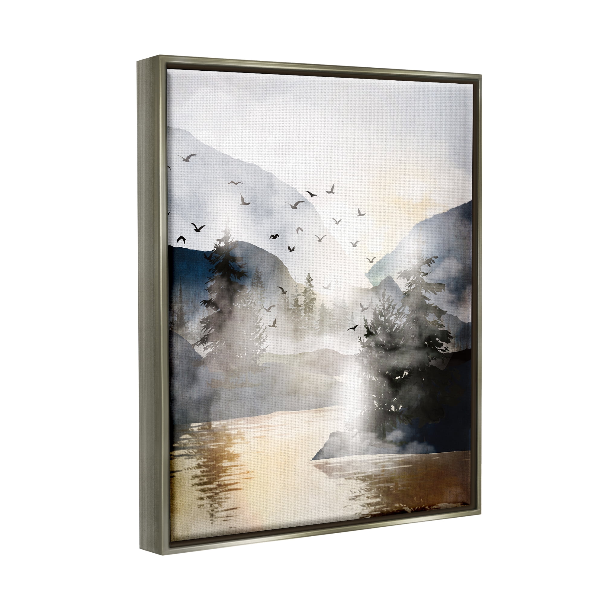 Stupell Flying Birds Mountain Lake View Landscape Painting Gray Floater Framed Art Print Wall Art