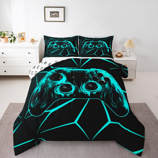 Erosebridal Green Video Game Bedding Twin Comforter Set,Gradient Geometry Down Comforter,Gamepad Decoration,Reversible,Lightweight,2-Piece
