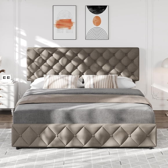 Queen Size Bed Frame with 4 Storage Drawers & Headboard, Linen Upholstered Platform Bed Frame, Stylish Diamond Tufted Design, No Box Spring Needed | Light Grey