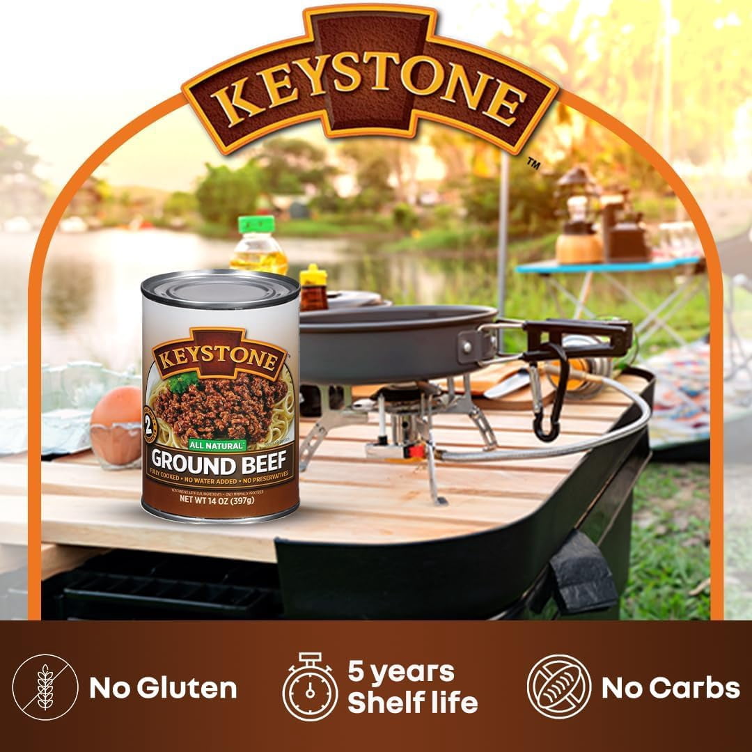 Keystone Fully Cooked Ground Beef, 14 oz, 12 Pack - Ready for Camping, Hiking, Backpacking