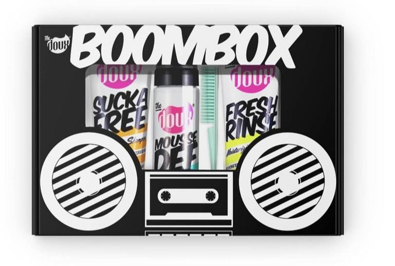 The Doux Boombox Styling Kit Shampoo, Conditioner, Mousse, and Smoothing Comb