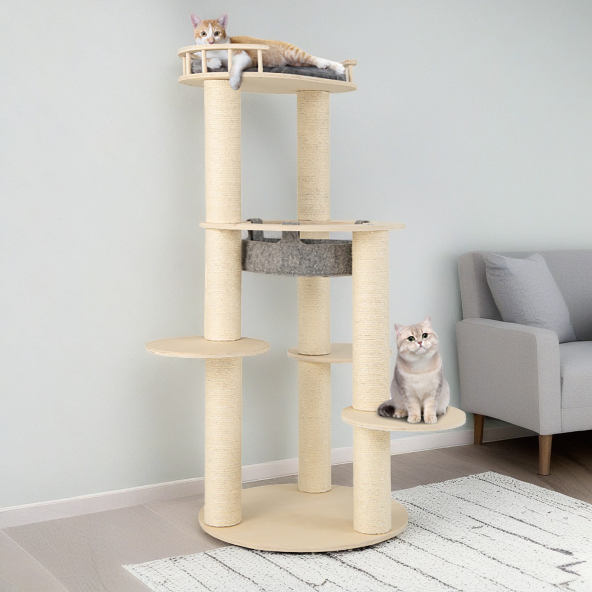 resenkos 59" Wood Cat Tree Tower for Indoor Cats, Multi-Level Cat Condo with Scratching Posts, Perch, Washable Removable Cushions, Cat Furniture, Beige