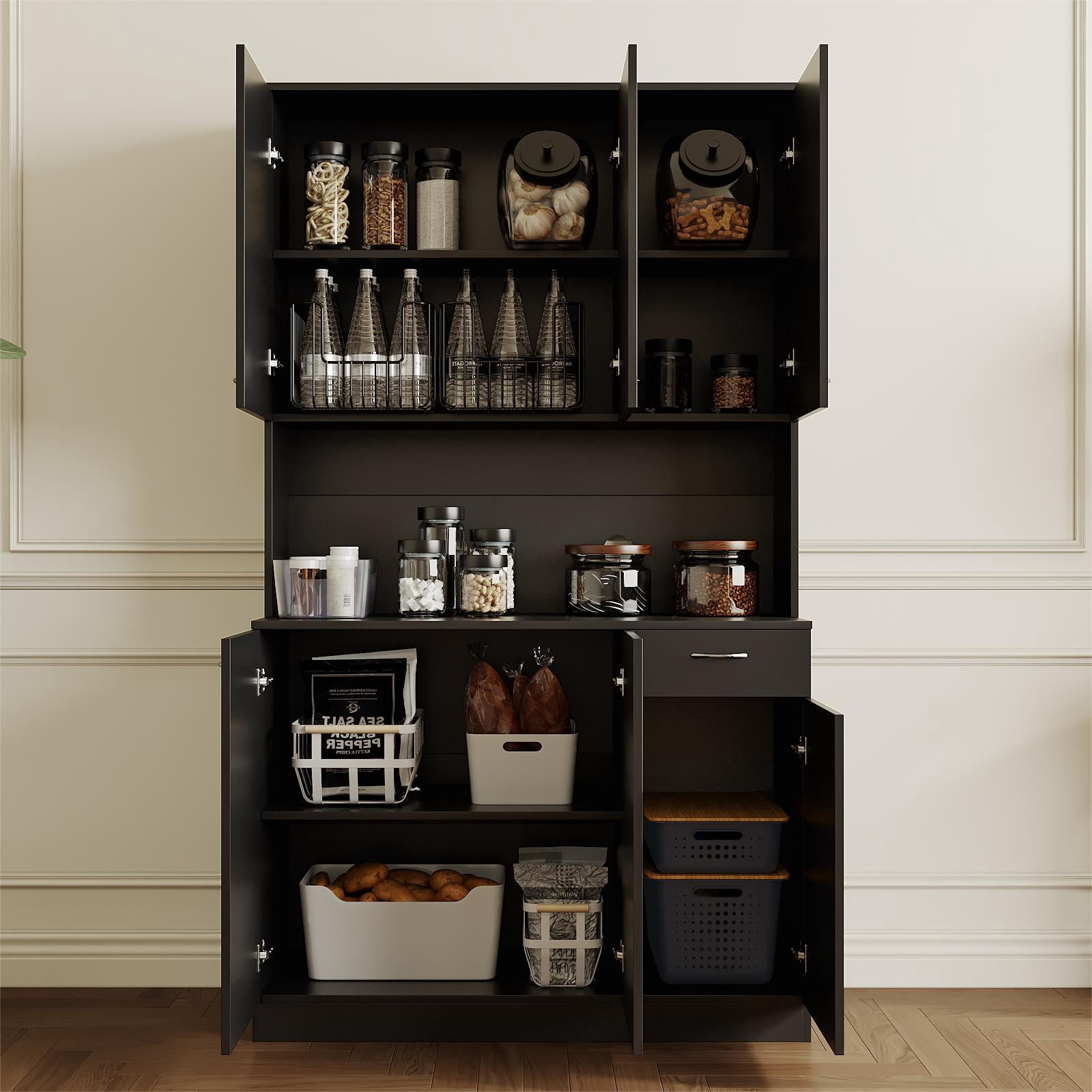 JOYSOURCE Kitchen Pantry Cabinets with 6 Doors and 3 Adjustable Shelves, 71" China Cabinet Hutch with Freestanding, Buffet Cabinet with Storage, Microwave Stand with Storage Cabinet, Black