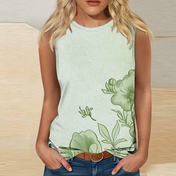 QUNYINEY Tank Tops for Women Casual Sleeveless Crew Neck Floral Tops Loose Basic Summer Tank Tops