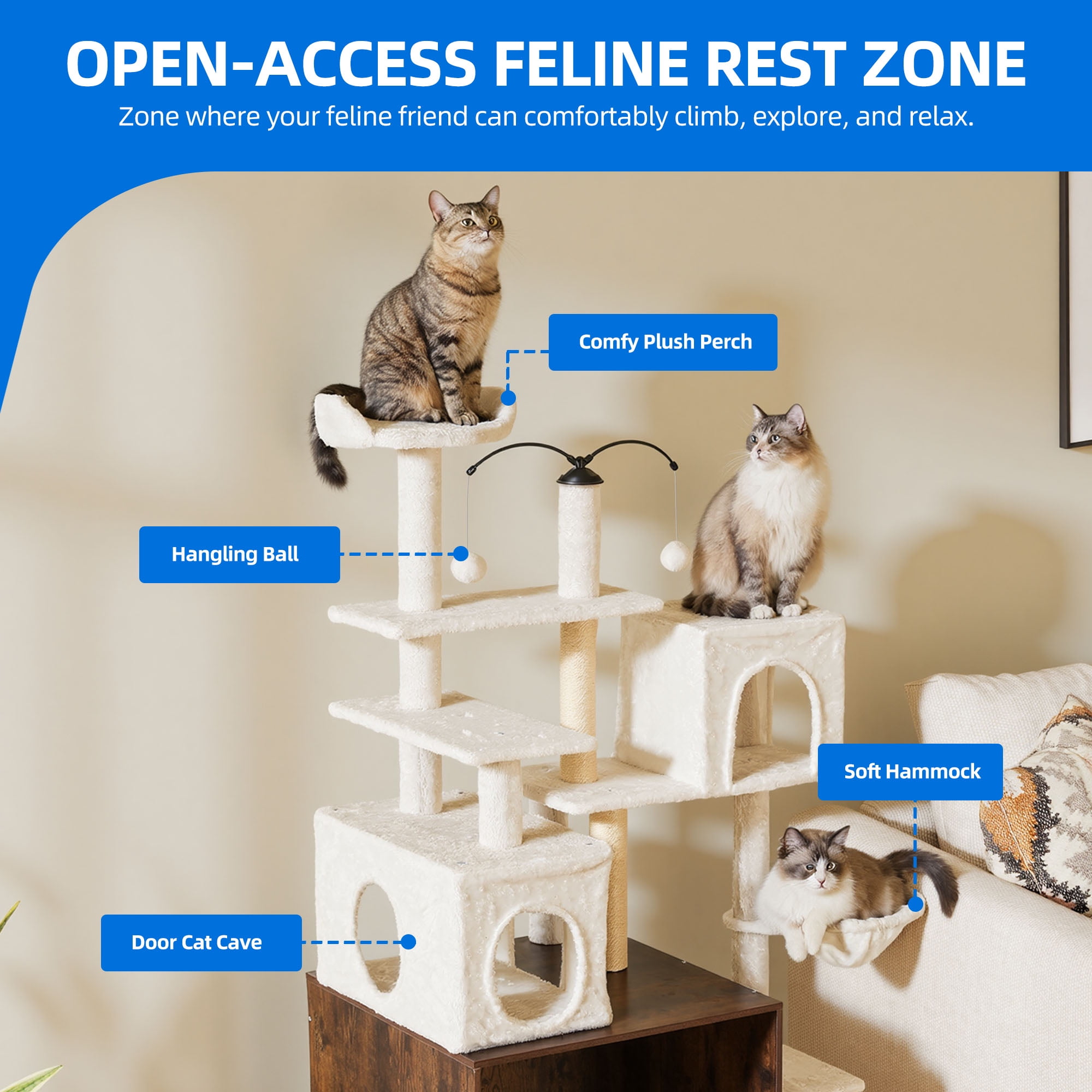 Homiflex Cat Tree for Automatic Litter Box, 68''H Cat Tower with Litter Box Enclosure, Scratching Post/Board, 2 Cat Condos, Round Hammock, Elastic Dangling Ball, Rustic Brown
