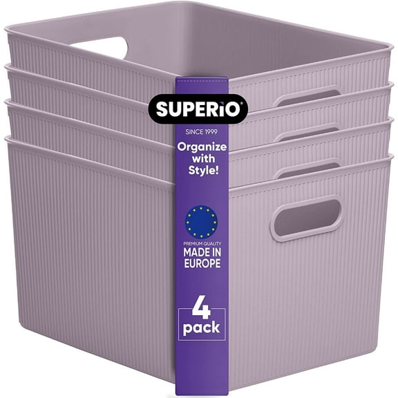 Superio Ribbed Plastic Storage Basket Organizer (4 Pack), 22 Liter Classic Closet Storage Bin for Shelf, Desk, Pantry – Store Toys, Clothes, Cosmetics, Stationary – Lilac